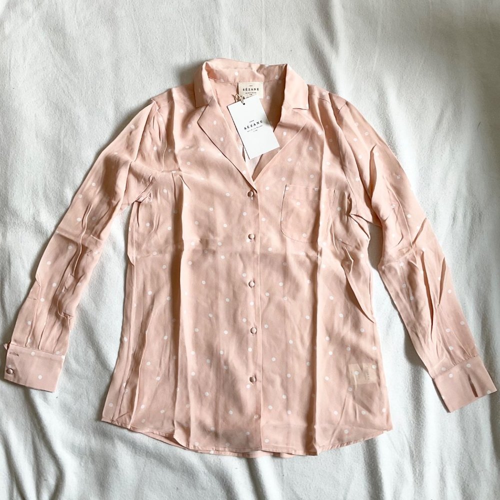 NWT Sezane silk Florence Shirt Pea Powder pink button down polka dots  SZ6bust38 - Picture 3 of 5